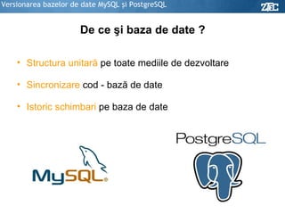 Versionarea bazelor de date MySQL şi PostgreSQL De ce şi baza de date ? Structura unitară  pe toate mediile de dezvoltare Sincronizare  cod - bază de date Istoric schimbari  pe baza de date 