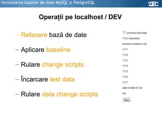 Versionarea bazelor de date MySQL şi PostgreSQL Operaţii pe localhost / DEV Refacere  bază de date Aplicare  baseline Rulare  change scripts Încarcare  test data Rulare  data change scripts 