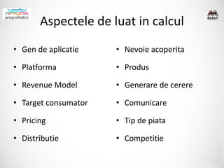 Aspectele de luat in calcul
• Gen de aplicatie    • Nevoie acoperita

• Platforma           • Produs

• Revenue Model       • Generare de cerere

• Target consumator   • Comunicare

• Pricing             • Tip de piata

• Distributie         • Competitie
 