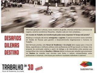 Diferentes gerações e culturas, novos modelos de gestão, diversos ambientes e processos de
            negócio, cenários econômicos flutuantes, relações cada vez mais complexas...
            Um mundo do Trabalho em transformação pede novas respostas! O Varejo está pronto?
            Mudança e Inovação são temas emergentes e urgentes. É preciso encontrar novos caminhos
            em Gestão de Pessoas para garantir o Desenvolvimento Organizacional e Humano no
            Trabalho.
            Sem fórmulas prontas, este Fórum de Tendências + Co-criação abre espaço para a troca de
            ideias, experiências e melhores práticas entre profissionais de RH que atuam no Varejo. Uma
            proposta de construção coletiva a partir do diálogo e do intercâmbio entre pessoas que
            compartilham dos mesmos Desafios e Dilemas diários na busca por soluções que promovam
            um Destino de relações com vínculos mais fortes e valores compartilhados entre
            profissionais e empresas. Uma busca por melhores resultados individuais e coletivos!




TRABALHO   EM
 