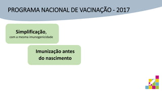 Simplificação,
com a mesma imunogenicidade
Imunização antes
do nascimento
PROGRAMA NACIONAL DE VACINAÇÃO - 2017
 