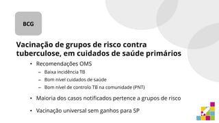 • Recomendações OMS
– Baixa incidência TB
– Bom nível cuidados de saúde
– Bom nível de controlo TB na comunidade (PNT)
• Maioria dos casos notificados pertence a grupos de risco
• Vacinação universal sem ganhos para SP
BCG
Vacinação de grupos de risco contra
tuberculose, em cuidados de saúde primários
 