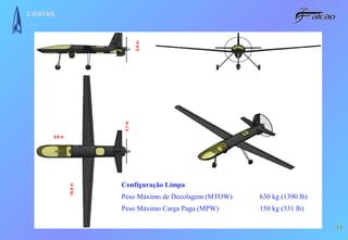3 VISTAS




                                2,9 m
                        3,1 m

       5,9 m




                        Configuração Limpa
               10,8 m




                        Peso Máximo de Decolagem (MTOW)   630 kg (1390 lb)
                        Peso Máximo Carga Paga (MPW)      150 kg (331 lb)

                                                                             11
 