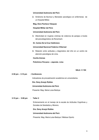 Universidad Autónoma del Perú 
2. Síndrome de Burnout y Bienestar psicológico en enfermeras de 
un Hospital Militar. 
Mag. Dora Pacheco Vásquez 
Hospital Militar del Perú 
Universidad Autónoma del Perú 
3. Afectividad en mujeres víctimas de violencia de parejas a través 
del psicodiagnóstico de Rorschach. 
Dr. Carlos De la Cruz Valdiviano 
Universidad Nacional Federico Villarreal 
4. Relación entre actitudes y diagnóstico del niño en un centro de 
atención psicológica de Lima. 
Cecilia Arenas 
Policlínico Peruano – Japonés. Lima 
SALA C 104 
2:30 pm - 3:15 pm : Conferencia 
Indicadores de procastinación académica en universitarios. 
Dra. Dany Araujo Robles 
Universidad Autónoma del Perú 
Presenta: Mag. Maria Luisa Bedoya 
3:15 pm - 5:00 pm : Taller 2 
Entrenamiento en el manejo de la escala de Actitudes Cognitivas y 
Sociales de Seisdedos y Moreno. 
Dra. Dany Araujo Robles 
Universidad Autónoma del Perú 
Presenta: Mag. Maria Luisa Bedoya / Melissa Oporto 
8 
 