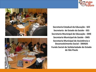 Secretaria Estadual da Educação - SEE
  Secretaria de Estado da Saúde - SES
Secretaria Municipal de Educação - SME
  Secretaria Municipal de Saúde - SMS
 Secretaria Municipal de Assistência e
   Desenvolvimento Social - SMADS
Fundo Social de Solidariedade do Estado
              de São Paulo
 