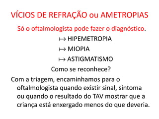 VÍCIOS DE REFRAÇÃO ou AMETROPIAS
  Só o oftalmologista pode fazer o diagnóstico.
                  HIPEMETROPIA
                  MIOPIA
                  ASTIGMATISMO
              Como se reconhece?
Com a triagem, encaminhamos para o
  oftalmologista quando existir sinal, sintoma
  ou quando o resultado do TAV mostrar que a
  criança está enxergado menos do que deveria.
 