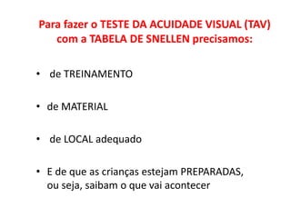 Para fazer o TESTE DA ACUIDADE VISUAL (TAV)
   com a TABELA DE SNELLEN precisamos:

• de TREINAMENTO

• de MATERIAL

• de LOCAL adequado

• E de que as crianças estejam PREPARADAS,
  ou seja, saibam o que vai acontecer
 