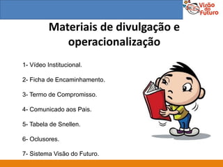 Materiais de divulgação e
             operacionalização
1- Vídeo Institucional.

2- Ficha de Encaminhamento.

3- Termo de Compromisso.

4- Comunicado aos Pais.

5- Tabela de Snellen.

6- Oclusores.

7- Sistema Visão do Futuro.
 