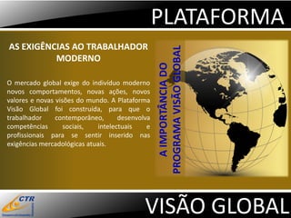 PLATAFORMA
AS EXIGÊNCIAS AO TRABALHADOR




                                                  PROGRAMA VISÃO GLOBAL
          MODERNO




                                                     A IMPORTÂNCIA DO
O mercado global exige do indivíduo moderno
novos comportamentos, novas ações, novos
valores e novas visões do mundo. A Plataforma
Visão Global foi construída, para que o
trabalhador     contemporâneo,       desenvolva
competências       sociais,   intelectuais    e
profissionais para se sentir inserido nas
exigências mercadológicas atuais.




                                             VISÃO GLOBAL
 
