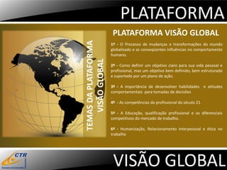 PLATAFORMA
                       PLATAFORMA VISÃO GLOBAL




TEMAS DA PLATAFORMA
                      1º - O Processo de mudanças e transformações do mundo
                      globalizado e as conseqüentes influências no comportamento
                      humano.




   VISÃO GLOBAL
                      2º - Como definir um objetivo claro para sua vida pessoal e
                      profissional, mas um objetivo bem definido, bem estruturado
                      e suportado por um plano de ação.

                      3º - A importância de desenvolver habilidades e atitudes
                      comportamentais para tomadas de decisões
                      .
                      4º - As competências do profissional do século 21

                      5º - A Educação, qualificação profissional e os diferenciais
                      competitivos do mercado de trabalho.

                      6º - Humanização, Relacionamento Interpessoal e ética no
                      trabalho




                       VISÃO GLOBAL
 