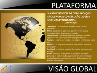 PLATAFORMA
9. A IMPORTÂNCIA DA COMUNICAÇÃO
EFICAZ PARA A CONSTRUÇÃO DE UMA
CARREIRA PROFISSIONAL
.                    COMUNICAÇÃO

.Mensagem - o conjunto de símbolos que o emissor
transmite
Mídia - os canais de Comunicação através dos quais a
mensagem passa do emissor ao receptor
Decodificação - o processo pelo qual o receptor confere
significado aos símbolos transmitidos pelo emissor
Receptor - a parte que recebe a mensagem emitida pela outra
parte
Resposta - as reações do receptor após ter sido exposto à
mensagem
Feed Back - a parte da resposta do receptor que retorna ao
emissor
Ruído - distorção ou estática não-planejada durante o
processo de Comunicação, que resulta em uma mensagem
chegando ao receptor diferentemente da forma como foi
enviada pelo emissor




 VISÃO GLOBAL
 