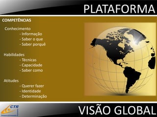 PLATAFORMA
COMPETÊNCIAS
 Conhecimento
        - Informação
        - Saber o que
        - Saber porquê

Habilidades
         - Técnicas
         - Capacidade
         - Saber como

Atitudes
           - Querer fazer
           - Identidade
           - Determinação


                            VISÃO GLOBAL
 