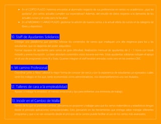 • En el CORTO PLAZO: haremos encuestas al alumnado respecto de sus preferencias en ramos no académicos: ¿qué les
gustaría? ¿los ramos actuales cumplen sus expectativas? Además, del estudio de datos respecto a la demanda de los
actuales cursos y el costo para la facultad
• En el MEDIANO Y LARGO PLAZO: gestionar la adición de nuevos ramos a la actual oferta de cursos en la categoría de
libres y deportivos.
10. Staff de Ayudantes Solidarios:
Entregar una plataforma que permita reforzar los contenidos de ramos que impliquen una alta exigencia para los y las
estudiantes, que no dependa del poder adquisitivo.
Formar equipos de ayudantes para ramos de gran dificultad. Realización mensual de ayudantías de 2 - 3 horas con break
incluido y previa inscripción. La clase abordará contenidos vistos durante ese mes. Estas ayudantías solidarias incluyen el apoyo
en el uso de programas como R y Stata. Quienes integren el staff tendrán entradas costo cero en los eventos CEIC.
11. Mi camino Profesional:
Coordinar junto a Nexo Laboral la mejor forma de conocer de cerca y con la experiencia de estudiantes ya egresados cuáles
serán los trabajos en los que, tanto economistas como administradores, nos desempeñaremos una vez titulados.
12. Talleres de cara a la empleabilidad:
Ayudar a trabajar la ansiedad, el manejo emocional y tips para enfrentar una entrevista de trabajo.
13. Incidir en el Cambio de Malla:
Dentro de lo que se pretende cambiar, pensamos en proponer y trabajar para que los ramos matemáticos y estadísticos tengan
desde el principio aplicaciones computacionales. Esto, pensando en las herramientas que entrega saber manejar diferentes
programas y que si se van revisando desde el principio de la carrera puede facilitar el uso en los ramos más avanzados.
 