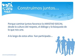Porque caminar juntos favorece la AMISTAD SOCIAL
desde la cultura del respeto, el diálogo y la búsqueda de
lo que nos une.
A lo largo de estos años han participado…
www.vtvv.accioncatolica.org.ar
Construimos juntos…
 