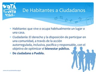 Habitante: que vive o ocupa habitualmente un lugar o
una casa.
Ciudadanía: El derecho y la disposición de participar en
una comunidad, a través de la acción
autorregulada, inclusiva, pacífica y responsable, con el
objetivo de optimizar el bienestar público.
De ciudadano a Pueblo.
De Habitantes a Ciudadanos
www.vtvv.accioncatolica.org.ar
 