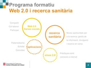 2
Programa formatiu
Web 2.0 i recerca sanitària
recerca
sanitària
aplicacions
Web 2.0
Xarxes socials
eines 2.0
Noves oportunitats per
a la recerca: gestió de
la informació, divulgació
i recerca en xarxa
Compartir
Col·laborar
Participar
Patientslikeme
Scholar
Connotea
Pràctiques amb
connexió a internet
 
