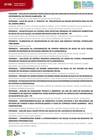 27/09   poster session 2
        Sessão Poster 2




  PAP004992 - ANÁLISE DE VARIÁVEIS HIDROLÓGICAS QUE INFLUENCIAM NA RADIAÇÃO SOLAR NA BACIA
  eXperiMentAL do riACho gAMeLeirA - pe
  ANA LíGIA CHAVES SILVA; JOSÉ ROBERTO GONçALVES DE AZEVEDO
  PAP004995 - ILHAS DE CALOR E EVENTOS DE PRECIPITAÇÃO NA REGIÃO METROPOLITANA DO RIO
  de JAneiro (rMrJ)
  ANDREWS JOSE DE LUCENA; EDUARDO BARBOSA CORREA; OTTO CORRêA ROTUNNO FILHO; LEONARDO DE
  FARIA PERES; JOSÉ RICARDO DE ALMEIDA FRANçA; MARIA GERTRUDES ALVAREZ JUSTI DA SILVA
  pAp005010 - QuAntiFiCAção dA CAFeÍnA pArA deteCtAr presençA de despeJos doMÉstiCos
  NA BACIA DO ALTO IGUAÇU, NA REGIÃO METROPOLITANA DE CURITIBA - PR
  ALESSANDRA HONJO IDE; MAURICIUS MARQUES DOS SANTOS; FERNANDA DITTMAR CARDOSO; ALINNE
  MIZUkAWA; kARINA SCURUPA MACHADO; JúLIO CÉSAR RODRIGUES DE AZEVEDO
  pAp005018 - eLiMinAtion oF unCertAinties in the dAiLY And MonthLY nAturAL hYdroLogiC
  tiMe series
  ADAM VIZINA; MARTIN HANEL
  pAp005019 - AvALiAção dA ContAMinAção de Corpos hÍdriCos dA BACiA do ALto iguAçu
  AtrAvÉs de MAtriZes de eXCitAção-eMissão de FLuoresCÊnCiA.
  MAURICIUS MARQUES DOS SANTOS; ALESSANDRA HONJO IDE; ALINNE MIZUkAWA; RAFAEL DUARTE
  kRAMER; TAMARA SIMONE VAN kAICk; JúLIO CÉSAR RODRIGUES DE AZEVEDO
  pAp005021 - AvALiAção dA MAtÉriA orgÂniCA dissoLvidA Ao Longo do LitorAL pArAnAense
  AtrAvÉs de tÉCniCAs de espeCtrosCopiA de FLuoresCÊnCiA.
  MAURICIUS MARQUES DOS SANTOS; ALESSANDRA HONJO IDE; FERNANDA DITTMAR CARDOSO; ALINNE
  MIZUkAWA; JúLIO CÉSAR RODRIGUES DE AZEVEDO
  pAp005032 - CArACteriZAção do regiMe hidroLÓgiCo dA BACiA do rio pArAÍBA do Meio
  AtrAvÉs de uM ModeLo hidroLÓgiCo distriBuÍdo eM sig
  WALBER MENDES GAMA; CARLOS RUBERTO FRAGOSO JúNIOR; ROSANGELA SAMPAIO REIS
  pAp005033 - previsão de vAZÕes diáriAs utiLiZAndo redes neurAis nA BACiA do rio MundAÚ/AL
  ALINE NEVES DA SILVA; MAHELVSON BAZILIO CHAVES; FILIPE ALVES COELHO; FREDE DE OLIVEIRA CARVALHO
  pAp005036 - potenCiAis Fontes ContAMinAntes de águA suBterrÂneA nA região hidrográFiCA
  do prAtAgY/ALAgoAs/BrAsiL
  BENíCIO EMANOEL OMENA MONTE; ROCHANA CAMPOS DE ANDRADE LIMA SANTOS; RAFAEL OLIVERA SILVA;
  LEONARDO CORREIA DE ARAúJO
  pAp005038 - AnáLise dA viABiLidAde tÉCniCA e AMBientAL do uso do Lodo de estAçÕes de
  trAtAMento de esgotos doMÉstiCo CoMo BioFertiLiZAnte nA AgriCuLturA ConvenCionAL
  no MuniCÍpio de LApA - pr
  MARIANA kUMATA kOMAY; PATRICIA GABRIELA GONZÁLES CÁCERES; IGOR ARTHUR RAYZEL; ALTAIR ROSA
  PAP005042 - HIDROSSEDIMENTOLOGIA DE AMBIENTES FLUVIAIS NATURAIS E SUA RELEVÂNCIA EM
  estudos de Cursos d’águA ArtiFiCiALiZAdos: o CAso do CÓrrego ponte QueiMAdA - BeLo
  horiZonte/Mg.
  CHRYSTIANN LAVARINI; HENRIQUE PESCIOTTI; LILIAN COELI; ANTôNIO PEREIRA MAGALHãES JUNIOR
  pAp005052 - AnáLise QuALi-QuAntitAtivA dAs águAs do rio JACAreCiCA eM MACeiÓ-AL
  JOSUELLY CRISTAINY DA SILVA SOUZA; CLEUDA CUSTóDIO FREIRE; VLADIMIR CARAMORI BORGES DE SOUZA;
  EDUARDO LUCENA CAVALCANTE AMORIM
  pAp005057 - ConsiderAçÕes soBre o AproveitAMento de águAs pLuviAis eM MuniCÍpio do
  seMiárido pernAMBuCAno
  MARIA MARIAH MONTEIRO WANDERLEY ESTANISLAU COSTA DE FARIAS; SYLVANA MELO DOS SANTOS; JAIME
  JOAQUIM SA SILVA PEREIRA CABRAL


                                                                                            XIV World Water Congress
                   70           10 o Simpósio de Hidráulica e Recursos Hídricos dos Países de Língua Oficial Portuguesa
 
