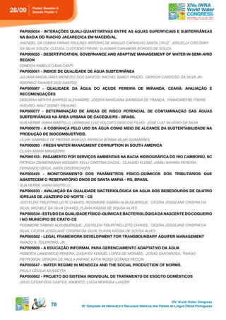 28/09   poster session 3
        Sessão Poster 3




  PAP005054 - INTERAÇÕES QUALI-QUANTITATIVAS ENTRE AS ÁGUAS SUPERFICIAIS E SUBTERRÂNEAS
  nA BACiA do riACho JACAreCiCA eM MACeiÓ/AL
  HAENDEL DA CUNHA FARIAS PAULINO; ANTONIO DE ARAúJO CARVALHO SANTA CRUZ; JOSUELLY CRISTAINY
  DA SILVA SOUZA; CLEUDA CUSTóDIO FREIRE; VLADIMIR CARAMORI BORGES DE SOUZA
  PAP005055 - DESERTIFICATION, GOVERNANCE AND ADAPTIVE MANAGEMENT OF WATER IN SEMI-ARID
  region
  EDNEIDA RABELO CAVALCANTI
  pAp005061 - ÍndiCe de QuALidAde de águA suBterrÂneA
  JULIANA MAGALHãES MENEZES DOS SANTOS; RACHEL BARDY PRADO; GERSON CARDOSO DA SILVA JR.;
  RODRIGO TAVARES DOS SANTOS
  PAP005067 - QUALIDADE DA ÁGUA DO AÇUDE PEREIRA DE MIRANDA, CEARÁ: AVALIAÇÃO E
  reCoMendAçÕes
  DEBORAH MITHYA BARROS ALEXANDRE; JOSEFA MARCIANA BARBOSA DE FRANçA; FRANCIMEYRE FREIRE
  AVELINO; WALT DISNEY PAULINO
  pAp005077 - deterMinAção de áreAs de risCo potenCiAL de ContAMinAção dAs águAs
  suBterrÂneAs nA áreA urBAnA de CACeQui/rs - BrAsiL
  GUILHERME VIANA MARTELLI; LEONIDAS LUIZ VOLCATO DESCOVI FILHO; JOSÉ LUIZ SILVÉRIO DA SILVA
  pAp005078 - A CoBrAnçA peLo uso dA águA CoMo Meio de ALCAnCe dA sustentABiLidAde nA
  produção de BioCoMBustÍveis.
  LíLIAN GABRIELE DE FREITAS ARAúJO; PATRíCIA BORBA VILAR GUIMARãES
  pAp005093 - Fresh WAter MAnAgMent Corruption in south AMeriCA
  CLARA MARíA MINAVERRY
  PAP005153 - PAGAMENTO POR SERVIÇOS AMBIENTAIS NA BACIA HIDROGRÁFICA DO RIO CAMBORIÚ, SC
  PATRICIA ZIMMERMANN WEGNER; kELLI CRISTINA DACOL; CLAUDIO kLEMZ; JAMILI NAYARA PEREIRA;
  FERNANDO VEIGA; ANITA DIEDERICHSEN
  PAP005425 - MONITORAMENTO DOS PARÂMETROS FÍSICO-QUÍMICOS DOS TRIBUTÁRIOS QUE
  ABASTECEM O RESERVATÓRIO DNOS DE SANTA MARIA - RS, BRASIL
  GUILHERME VIANA MARTELLI
  pAp005533 - AvALiAção dA QuALidAde BACterioLÓgiCA dA águA dos BeBedouros de QuAtro
  igreJAs de JuAZeiro do norte - Ce
  JOSYELEM TIBURTINO LEITE CHAVES; ROSIMEIRE SABINO ALBUQUERQUE; CíCERA JOSISLANE CRISPIM DA
  SILVA; MICHELE DA SILVA CHAVES; FLÁVIA kÁSSIA DE SOUSA ALVES
  PAP005534 - ESTUDO DA QUALIDADE FÍSICO-QUÍMICA E BACTERIOLÓGICA DA NASCENTE DO COQUEIRO
  i no MuniCipio de CrAto-Ce
  ROSIMEIRE SABINO ALBUQUERQUE; JOSYELEM TIBURTINO LEITE CHAVES; CíCERA JOSISLANE CRISPIM DA
  SILVA; CíCERA JOSISLANE CRISPIM DA SILVA; FLÁVIA kÁSSIA DE SOUSA ALVES
  pAp005582 - LegAL FrAMeWork deveLopMent For trAnsBoundArY AQuiFer MAnAgeMent
  AMADO S. TOLENTINO, JR.
  pAp005609 - A eduCAção inForMAL pArA gerenCiAMento AdAptAtivo dA ÀguA
  ROBERTA LINkEVIEIUS PEREIRA; DASAYÉV kEMUÉL LOPES DE MORAES; JONAS SANTAROSA; THIAGO
  PIETROBON; DÉBORA DE PAULA PAPANI; kÁTIA ROSSI GOTARDI PECCIN
  PAP005647 - WATER REGIME IN MENDOZA AND THE SOCIAL PRODUCTION OF NORMS.
  PAULA CECILIA MUSSETTA
  pAp005662 - proJeto do sisteMA individuAL de trAtAMento de esgoto doMÉstiCos
  JULIO CESAR DOS SANTOS JOMERTZ; LUCIA MOREIRA LANZER




                                                                                             XIV World Water Congress
                   78            10 o Simpósio de Hidráulica e Recursos Hídricos dos Países de Língua Oficial Portuguesa
 