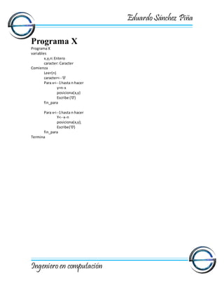 EduardoSánchez Piña
Ingenieroen computación
Programa X
Programa X
variables
x,y,n:Entero
caracter: Caracter
Comienza
Leer(n)
caracter<--'0'
Para x<--1hasta n hacer
y=n-x
posiciona(x,y)
Escribe ('0')
fin_para
Para x<--1hasta n hacer
Y<--x-n
posiciona(x,y);
Escribe('0')
fin_para
Termina
 