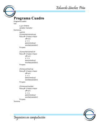EduardoSánchez Piña
Ingenieroen computación
Programa Cuadro
Programa cuadro
Var:
x,y,n: Entero
carácter: Caracter
Comienza
Leer(n)
//LineaHorizontal sup
Para x 1 hasta n hacer
xx+1
𝑦 = 1
posiciona(x,y)
escribe(caracter)
Finpara
//LineaHorizontal inf
Para x 1 hasta n hacer
xx+1
𝑦 = 𝑛
posiciona(x,y)
escribe(caracter)
Finpara
//Lineavertical izq
Para y 1 hasta n hacer
yy+1
𝑥 = 1
posiciona(x,y)
escribe(caracter)
Finpara
//Lineavertical der
Para y 1 hasta n hacer
yy+1
𝑥 = 𝑛
posiciona(x,y)
escribe(caracter)
Finpara
Termina