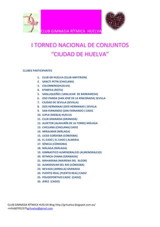 SCLUB GIMNASIA RÍTMICA HUELVA


                 I TORNEO NACIONAL DE CONJUNTOS
                        “CIUDAD DE HUELVA”

           CLUBES PARTICIPANTES

                      1.    CLUB GR HUELVA (CLUB ANFITRION)
                      2.    SANCTI PETRI (CHICLANA)
                      3.    COLOMBINO(HUELVA)
                      4.    EFIMEVA (ROTA)
                      5.    SANLUQUEÑO ( SANLUCAR DE BARRAMEDA)
                      6.    OSO PANDA (SAN JOSÉ DE LA RINCONADA) SEVILLA
                      7.    CIUDAD DE SEVILLA (SEVILLA)
                      8.    DOS HERMANAS (DOS HERMANAS ) SEVILLA
                      9.    SAN FERNANDO (SAN FERNANDO ) CÁDIZ
                      10.   ILIPLA (NIEBLA) HUELVA
                      11.   CLUB GRANADA (GRANADA)
                      12.   ALDETOR (ALAHURÍN DE LA TORRE) MÁLAGA
                      13.   CHICLANA (CHICLANA) CADIZ
                      14.   MIRALMAR (MÁLAGA)
                      15.   LICEO CORDOBA (CÓRDOBA)
                      16.   EL EJIDO ( EL EJIDO ) ALMERIA
                      17.   SÉNECA (CÓRDOBA)
                      18.   MÁLAGA (MÁLAGA)
                      19.   GIMNASTICO ALMENDRALEJO (ALMENDRALEJO)
                      20.   RITMICA CHANA (GRANADA)
                      21.   MAHARANA (MAIRENA DEL ALCOR)
                      22.   ALMODOVAR DEL RIO (CÓRDOBA)
                      23.   NEVADA (ARMILLA) GRANADA
                      24.   PUERTO REAL (PUERTO REAL) CADIZ
                      25.   POLIDEPORTIVO CADIZ (CADIZ)
                      26.   JEREZ (CADIZ)




CLUB GIMNASIA RÍTMICA HUELVA Blog http://grhuelva.blogspot.com.es/
+info687052375grhuelva@gmail.com
 