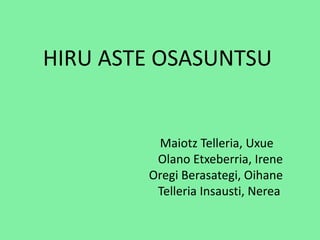 HIRU ASTE OSASUNTSU
Maiotz Telleria, Uxue
Olano Etxeberria, Irene
Oregi Berasategi, Oihane
Telleria Insausti, Nerea
 