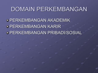 DOMAIN PERKEMBANGAN
PERKEMBANGAN AKADEMIK
PERKEMBANGAN KARIR
PERKEMBANGAN PRIBADI/SOSIAL

 