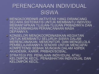 PERENCANAAN INDIVIDUAL
SISWA
MENGKOORDINIR AKTIVITAS YANG DIRANCANG
SECARA SISTEMATIS UNTUK MEMBANTU INDIVIDU
MEMANTAPKAN TUJUAN-TUJUAN PRIBADINYA DAN
PENGEMBANGAN PERANCANAAN MASA
DEPANNYA.
KONSELOR MENGKOORDINASIKAN KEGIATAN
UNTUK MEMBANTU SELURUH SISWA DALAM
MERENCANAKAN, MEMONITOR, DAN MENGELOLA
PEMBELAJARANNYA SENDIRI UNTUK MENCAPAI
KOMPETENSI SEBAIK MUNGKIN DALAM ASPEK
AKADEMIK, KARIR, PRIBADI/SOSIAL.
STRATEGI PIS: PENILAIAN INDIVIDUAL ATAU
KELOMPOK KECIL; PENASIHATAN INDIVIDUAL DAN
KELOMPOK KECIL.

 