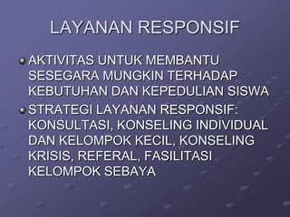 LAYANAN RESPONSIF
AKTIVITAS UNTUK MEMBANTU
SESEGARA MUNGKIN TERHADAP
KEBUTUHAN DAN KEPEDULIAN SISWA
STRATEGI LAYANAN RESPONSIF:
KONSULTASI, KONSELING INDIVIDUAL
DAN KELOMPOK KECIL, KONSELING
KRISIS, REFERAL, FASILITASI
KELOMPOK SEBAYA

 