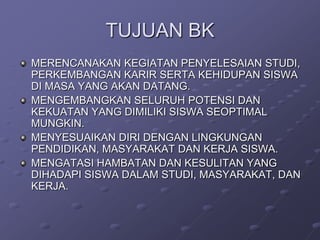 TUJUAN BK
MERENCANAKAN KEGIATAN PENYELESAIAN STUDI,
PERKEMBANGAN KARIR SERTA KEHIDUPAN SISWA
DI MASA YANG AKAN DATANG.
MENGEMBANGKAN SELURUH POTENSI DAN
KEKUATAN YANG DIMILIKI SISWA SEOPTIMAL
MUNGKIN.
MENYESUAIKAN DIRI DENGAN LINGKUNGAN
PENDIDIKAN, MASYARAKAT DAN KERJA SISWA.
MENGATASI HAMBATAN DAN KESULITAN YANG
DIHADAPI SISWA DALAM STUDI, MASYARAKAT, DAN
KERJA.

 