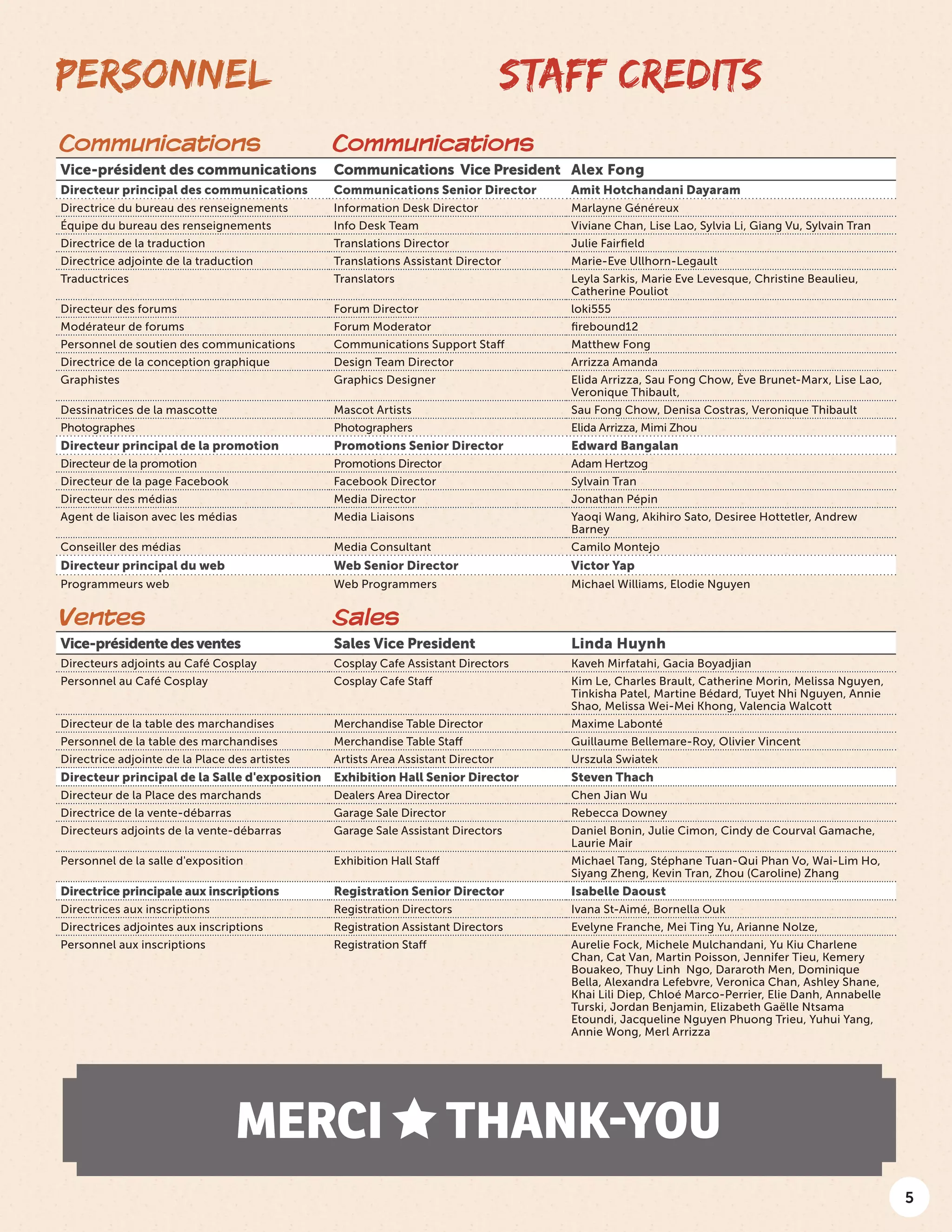 5
Communications Communications
Vice-président des communications Communications Vice President Alex Fong
Directeur principal des communications Communications Senior Director Amit Hotchandani Dayaram
Directrice du bureau des renseignements Information Desk Director Marlayne Généreux
Équipe du bureau des renseignements Info Desk Team Viviane Chan, Lise Lao, Sylvia Li, Giang Vu, Sylvain Tran
Directrice de la traduction Translations Director Julie Fairfield
Directrice adjointe de la traduction Translations Assistant Director Marie-Eve Ullhorn-Legault
Traductrices Translators Leyla Sarkis, Marie Eve Levesque, Christine Beaulieu,
Catherine Pouliot
Directeur des forums Forum Director loki555
Modérateur de forums Forum Moderator firebound12
Personnel de soutien des communications Communications Support Staff Matthew Fong
Directrice de la conception graphique Design Team Director Arrizza Amanda
Graphistes Graphics Designer Elida Arrizza, Sau Fong Chow, Ève Brunet-Marx, Lise Lao,
Veronique Thibault,
Dessinatrices de la mascotte Mascot Artists Sau Fong Chow, Denisa Costras, Veronique Thibault
Photographes Photographers Elida Arrizza, Mimi Zhou
Directeur principal de la promotion Promotions Senior Director Edward Bangalan
Directeur de la promotion Promotions Director Adam Hertzog
Directeur de la page Facebook Facebook Director Sylvain Tran
Directeur des médias Media Director Jonathan Pépin
Agent de liaison avec les médias Media Liaisons Yaoqi Wang, Akihiro Sato, Desiree Hottetler, Andrew
Barney
Conseiller des médias Media Consultant Camilo Montejo
Directeur principal du web Web Senior Director Victor Yap
Programmeurs web Web Programmers Michael Williams, Elodie Nguyen
Ventes Sales
Vice-présidentedesventes Sales Vice President Linda Huynh
Directeurs adjoints au Café Cosplay Cosplay Cafe Assistant Directors Kaveh Mirfatahi, Gacia Boyadjian
Personnel au Café Cosplay Cosplay Cafe Staff Kim Le, Charles Brault, Catherine Morin, Melissa Nguyen,
Tinkisha Patel, Martine Bédard, Tuyet Nhi Nguyen, Annie
Shao, Melissa Wei-Mei Khong, Valencia Walcott
Directeur de la table des marchandises Merchandise Table Director Maxime Labonté
Personnel de la table des marchandises Merchandise Table Staff Guillaume Bellemare-Roy, Olivier Vincent
Directrice adjointe de la Place des artistes Artists Area Assistant Director Urszula Swiatek
Directeur principal de la Salle d'exposition Exhibition Hall Senior Director Steven Thach
Directeur de la Place des marchands Dealers Area Director Chen Jian Wu
Directrice de la vente-débarras Garage Sale Director Rebecca Downey
Directeurs adjoints de la vente-débarras Garage Sale Assistant Directors Daniel Bonin, Julie Cimon, Cindy de Courval Gamache,
Laurie Mair
Personnel de la salle d'exposition Exhibition Hall Staff Michael Tang, Stéphane Tuan-Qui Phan Vo, Wai-Lim Ho,
Siyang Zheng, Kevin Tran, Zhou (Caroline) Zhang
Directrice principale aux inscriptions Registration Senior Director Isabelle Daoust
Directrices aux inscriptions Registration Directors Ivana St-Aimé, Bornella Ouk
Directrices adjointes aux inscriptions Registration Assistant Directors Evelyne Franche, Mei Ting Yu, Arianne Nolze,
Personnel aux inscriptions Registration Staff Aurelie Fock, Michele Mulchandani, Yu Kiu Charlene
Chan, Cat Van, Martin Poisson, Jennifer Tieu, Kemery
Bouakeo, Thuy Linh Ngo, Dararoth Men, Dominique
Bella, Alexandra Lefebvre, Veronica Chan, Ashley Shane,
Khai Lili Diep, Chloé Marco-Perrier, Elie Danh, Annabelle
Turski, Jordan Benjamin, Elizabeth Gaëlle Ntsama
Etoundi, Jacqueline Nguyen Phuong Trieu, Yuhui Yang,
Annie Wong, Merl Arrizza
MERCI THANK-YOU
STAFF CREDITSPERSONNEL
 