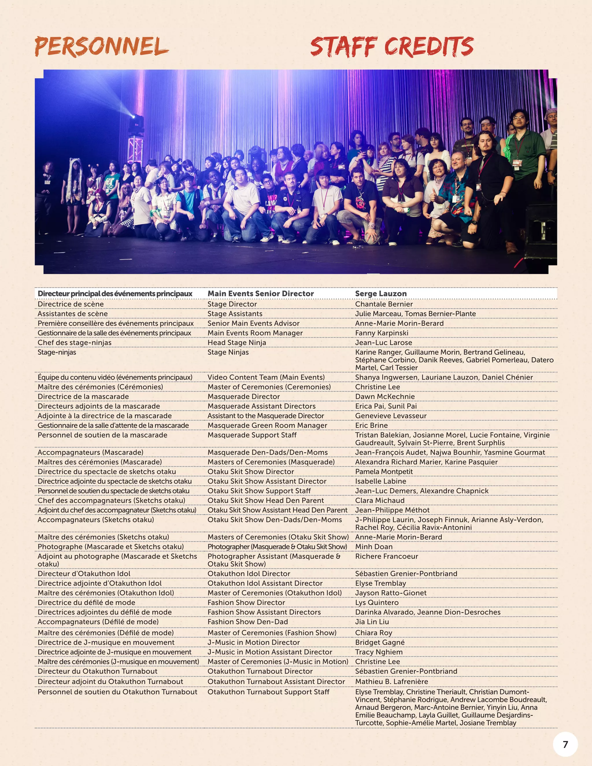 7
STAFF CREDITSPERSONNEL
Directeurprincipaldesévénementsprincipaux Main Events Senior Director Serge Lauzon
Directrice de scène Stage Director Chantale Bernier
Assistantes de scène Stage Assistants Julie Marceau, Tomas Bernier-Plante
Première conseillère des événements principaux Senior Main Events Advisor Anne-Marie Morin-Berard
Gestionnairedelasalledesévénementsprincipaux Main Events Room Manager Fanny Karpinski
Chef des stage-ninjas Head Stage Ninja Jean-Luc Larose
Stage-ninjas Stage Ninjas Karine Ranger, Guillaume Morin, Bertrand Gelineau,
Stéphane Corbino, Danik Reeves, Gabriel Pomerleau, Datero
Martel, Carl Tessier
Équipe du contenu vidéo (événements principaux) Video Content Team (Main Events) Shanya Ingwersen, Lauriane Lauzon, Daniel Chénier
Maître des cérémonies (Cérémonies) Master of Ceremonies (Ceremonies) Christine Lee
Directrice de la mascarade Masquerade Director Dawn McKechnie
Directeurs adjoints de la mascarade Masquerade Assistant Directors Erica Pai, Sunil Pai
Adjointe à la directrice de la mascarade Assistant to the Masquerade Director Genevieve Levasseur
Gestionnaire de la salle d'attente de la mascarade Masquerade Green Room Manager Eric Brine
Personnel de soutien de la mascarade Masquerade Support Staff Tristan Balekian, Josianne Morel, Lucie Fontaine, Virginie
Gaudreault, Sylvain St-Pierre, Brent Surphlis
Accompagnateurs (Mascarade) Masquerade Den-Dads/Den-Moms Jean-François Audet, Najwa Bounhir, Yasmine Gourmat
Maîtres des cérémonies (Mascarade) Masters of Ceremonies (Masquerade) Alexandra Richard Marier, Karine Pasquier
Directrice du spectacle de sketchs otaku Otaku Skit Show Director Pamela Montpetit
Directrice adjointe du spectacle de sketchs otaku Otaku Skit Show Assistant Director Isabelle Labine
Personneldesoutienduspectacledesketchsotaku Otaku Skit Show Support Staff Jean-Luc Demers, Alexandre Chapnick
Chef des accompagnateurs (Sketchs otaku) Otaku Skit Show Head Den Parent Clara Michaud
Adjointduchefdesaccompagnateur(Sketchsotaku) Otaku Skit Show Assistant Head Den Parent Jean-Philippe Méthot
Accompagnateurs (Sketchs otaku) Otaku Skit Show Den-Dads/Den-Moms J-Philippe Laurin, Joseph Finnuk, Arianne Asly-Verdon,
Rachel Roy, Cécilia Ravix-Antonini
Maître des cérémonies (Sketchs otaku) Masters of Ceremonies (Otaku Skit Show) Anne-Marie Morin-Berard
Photographe (Mascarade et Sketchs otaku) Photographer(Masquerade&OtakuSkitShow) Minh Doan
Adjoint au photographe (Mascarade et Sketchs
otaku)
Photographer Assistant (Masquerade &
Otaku Skit Show)
Richere Francoeur
Directeur d'Otakuthon Idol Otakuthon Idol Director Sébastien Grenier-Pontbriand
Directrice adjointe d'Otakuthon Idol Otakuthon Idol Assistant Director Elyse Tremblay
Maître des cérémonies (Otakuthon Idol) Master of Ceremonies (Otakuthon Idol) Jayson Ratto-Gionet
Directrice du défilé de mode Fashion Show Director Lys Quintero
Directrices adjointes du défilé de mode Fashion Show Assistant Directors Darinka Alvarado, Jeanne Dion-Desroches
Accompagnateurs (Défilé de mode) Fashion Show Den-Dad Jia Lin Liu
Maître des cérémonies (Défilé de mode) Master of Ceremonies (Fashion Show) Chiara Roy
Directrice de J-musique en mouvement J-Music in Motion Director Bridget Gagné
Directrice adjointe de J-musique en mouvement J-Music in Motion Assistant Director Tracy Nghiem
Maître des cérémonies (J-musique en mouvement) Master of Ceremonies (J-Music in Motion) Christine Lee
Directeur du Otakuthon Turnabout Otakuthon Turnabout Director Sébastien Grenier-Pontbriand
Directeur adjoint du Otakuthon Turnabout Otakuthon Turnabout Assistant Director Mathieu B. Lafrenière
Personnel de soutien du Otakuthon Turnabout Otakuthon Turnabout Support Staff Elyse Tremblay, Christine Theriault, Christian Dumont-
Vincent, Stéphanie Rodrigue, Andrew Lacombe Boudreault,
Arnaud Bergeron, Marc-Antoine Bernier, Yinyin Liu, Anna
Emilie Beauchamp, Layla Guillet, Guillaume Desjardins-
Turcotte, Sophie-Amélie Martel, Josiane Tremblay
 