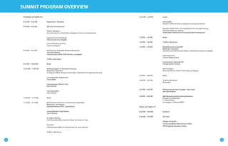 SUMMIT PROGRAM OVERVIEW
     THURSDAY, OCTOBER 4TH                                                                                    12.15 PM – 1:30 PM    Lunch

     8:00 AM – 9:00 AM       Registration / Breakfast                                                                               Jeff Schaffer
                                                                                                                                    Southern California Director, Enterprise Community Partners
     9:00 AM – 9:20 AM       Welcome/Introductions
                                                                                                                                    Key Note: HUD’s Role in Re-shaping Services through Housing
                             Philip F. Mangano                                                                                      Secretary Alphonso Jackson
                             Executive Director, United States Interagency Council on Homelessness                                  United States Department of Housing & Urban Development


                             Supervisor Zev Yaroslavsky                                                       1:30 PM – 1:45 PM     Break
                             Chair, County of Los Angeles
                                                                                                              1:45 PM – 1:50 PM     “A Mile in My Shoes”
                             Councilmember Jan Perry
                             City of Los Angeles
                                                                                                              1:50 PM – 2:45 PM     Mobilizing Community Will
                                                                                                                                    Moderator: Elise Buik
     9:20 AM – 9:45 AM       Introduction of the Mall Network Movement                                                              President and Chief Executive Ofﬁcer, United Way of Greater Los Angeles
                             Joel John Roberts
                             Chief Executive Ofﬁcer, PATH Partners, Los Angeles
                                                                                                                                    David Raymond
                                                                                                                                    County of Miami-Dade
                             “A Mile in My Shoes”
                                                                                                                                    Commissioner Sheryl McGill
     9:45 AM – 10:00 AM      Break                                                                                                  Chicago Human Services

     10:00 AM – 11:00 AM     Building Support in Permanent Housing                                                                  Ruth Schwartz
                             Moderator: Kelly Kent                                                                                  Executive Director, Shelter Partnership, Los Angeles
                             Sr. Program Ofﬁcer, Strategic Partnerships, Corporation for Supportive Housing
                                                                                                              2:45 PM – 3:00 PM     Break
                             Councilmember Angela Hunt
                             City of Dallas                                                                   3:00 PM – 3:45 PM     “A Mile in My Shoes”
                                                                                                                                    Discussion
                             Commissioner Robert V. Hess
                             New York City
                                                                                                              3:45 PM – 4:30 PM     Shifting Into the New Paradigm - Next Steps
                             Tina Shamseldin                                                                                        Joel John Roberts
                             City of Seattle
                                                                                                              5:00 PM – 8:00 PM     Mall Network Summit Evening Reception
     11:00 AM – 11:15 AM     Break                                                                                                  El Paseo Inn Restaurant
                                                                                                                                    11 Olvera Street
     11:15 AM – 12:15 PM     Multi-Service Centers as a Community “Home Base”                                                       Los Angeles, California 90012
                             Moderator: John Maceri
                             Executive Director, OPCC, Santa Monica                                           FRIDAY, OCTOBER 5TH

                             Councilmember Greg Stanton                                                       8:00 AM – 9:00 AM     Breakfast
                             City of Phoenix
                                                                                                              9:00 AM – 2:00 PM     Site Visits
                             Dr. Robert Marbut
                             Chief Executive Ofﬁcer, Haven for Hope, San Antonio, Texas
                                                                                                                                    Villages of Cabrillo
                                                                                                                                    City of Long Beach Multi-Service Center
                             Dan Buck
                                                                                                                                    PATH Regional Homeless Center
                             Chief Executive Ofﬁcer, St. Patrick Center, St. Louis, Missouri

                             “A Mile in My Shoes”



4                                                                                                                                                                                                             5
 