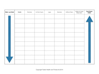 Warm -up Order Hands Exercise In/ Out of sync Legs Exercise In/Out of Sync 
Upper to Lower 
Body Sync 
Cool Down 
Order 
Copyright Faster Health and Fitness ltd 2014 
 