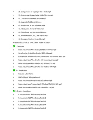 • 38. Configuración de Topología DLR o Anillo.mp4
• 39. Recomendación para Evitar Ruido Eléctrico.mp4
• 40. Características de Red DeviceNet.mp4
• 41. Mapeo de Red DeviceNet.mp4
• 42. Mapeo Final de Red DeviceNet.mp4
• 43. Introducción Red ControlNet.mp4
• 44. Calendarizar una Red ControlNet.mp4
• 45. Redes Obsoletas, RIO, DH+, DH485.mp4
• 46. Conceptos Finales y Despedida.mp4
"
=
y
–
”
† REDES INDUSTRIALES APLICADO A ALLEN BRADLEY
⬛
✓ 1.-Sesiones
o Redes Industriales Allen Bradley S04 Ethernet IP VDF.pdf
o CursoProgExt Redes Allen Bradley S05 Profibus.pdf
o CursoProgExt Redes Industriales Allen Bradley S05 Ethernet IP PLC.pdf
o Redes Industriales Allen_Bradley S01 Redes Industriales.pdf
o Redes Industriales Allen_Bradley S02 Modbus RTU.pdf
o Redes Industriales Allen_Bradley S03 Modbus TCP IP.pdf
✓
⬛ 2.-Laboratorios
o Recursos-Laboratorios
o M3 ProfibusDP AllenBradley.pdf
o Redes Industriales Procesos Lab 01 Cuestinario.pdf
o Redes Industriales Procesos Lab02 .Modbus-RTU PW40-525-.pdf
o Redes Industriales ProcesosLab03 ModbusTCP IP.pdf
⬛
✓ 3.-Enlaces-clases-Zoom
o R. Industriales PLC Allen Bradley Sesión 1
o R. Industriales PLC Allen Bradley Sesión 2
o R. Industriales PLC Allen Bradley Sesión 3
o R. Industriales PLC Allen Bradley Sesión 4
o R. Industriales PLC Allen Bradley Sesión 5
 