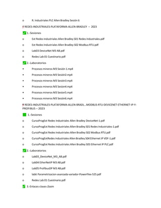 o R. Industriales PLC Allen Bradley Sesión 6
y
†
"
–
”
= REDES-INDUSTRIALES-PLATAFORMA-ALLEN-BRADLEY – 2023
⬛
✓ 1.-Sesiones
o Ext Redes Industriales Allen Bradley S01 Redes Industriales.pdf
o Ext Redes Industriales Allen Bradley S02 Modbus RTU.pdf
o Lab03 DeviceNet M3 AB.pdf
o Redes Lab 01 Cuestinario.pdf
⬛
✓ 2.-Laboratorios
• Procesos mineros M3 Sesión 1.mp4
• Procesos mineros M3 Sesión2.mp4
• Procesos mineros M3 Sesión3.mp4
• Procesos mineros M3 Sesíon4.mp4
• Procesos mineros M3 Sesíon5.mp4
• Procesos mineros M3 Sesión6.mp4
=
†
y
”
"
–† REDES-INDUSTRIALES-PLATAFORMA-ALLEN-BRADL…MODBUS-RTU-DEVICENET-ETHERNET-IP-Y-
PROFIBUS – 2023
✓
⬛ 1.-Sesiones
o CursoProgExt Redes Industriales Allen Bradley DeviceNet-1.pdf
o CursoProgExt Redes Industriales Allen Bradley S01 Redes Industriales-1.pdf
o CursoProgExt Redes Industriales Allen Bradley S02 Modbus RTU.pdf
o CursoProgExtRedes Industriales Allen Bradley S04 Ethernet IP VDF-1.pdf
o CursoProgExt Redes Industriales Allen Bradley S05 Ethernet IP PLC.pdf
⬛
✓ 2.-Laboratorios
o Lab03_DeviceNet_M3_AB.pdf
o Lab04 EtherNetIP M3 AB.pdf
o Lab05 ProfibusDP M3 AB.pdf
o lab6 Parametrizacion-avanzada-variador-PowerFlex-525.pdf
o Redes Lab 01 Cuestinario.pdf
⬛
✓ 3.-Enlaces-clases-Zoom
 