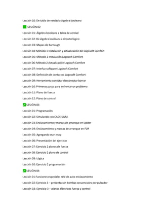 Lección 10: De tabla de verdad a álgebra booleana
✓
⬛ SESIÓN 02
Lección 01: Álgebra booleana a tabla de verdad
Lección 02: De álgebra booleana a circuito lógico
Lección 03: Mapas de Karnaugh
Lección 04: Método 1 Instalación y actualización del Logosoft Comfort
Lección 05: Método 2 Instalación Logosoft Comfort
Lección 06: Método 2 Actualización Logosoft Comfort
Lección 07: Interfaz software Logosoft Comfort
Lección 08: Definición de contactos Logosoft Comfort
Lección 09: Herramienta conectar desconectar borrar
Lección 10: Primeros pasos para enfrentar un problema
Lección 11: Plano de fuerza
Lección 12: Plano de control
⬛
✓ SESIÓN 03
Lección 01: Programación
Lección 02: Simulando con CADE SIMU
Lección 03: Enclavamiento y marcas de arranque en ladder
Lección 04: Enclavamiento y marcas de arranque en FUP
Lección 05: Agregando start stop
Lección 06: Presentación del ejercicio
Lección 07: Ejercicio 2 planos de fuerza
Lección 08: Ejercicio 2 plano de control
Lección 09: Lógica
Lección 10: Ejercicio 2 programación
⬛
✓ SESIÓN 04
Lección 01:Funciones especiales relé de auto enclavamiento
Lección 02: Ejercicio 3 – presentación bombas secuenciales por pulsador
Lección 03: Ejercicio 3 – planos eléctricos fuerza y control
 