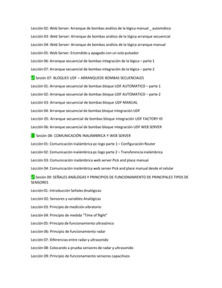 Lección 02: Web Server: Arranque de bombas análisis de la lógica manual _ automático
Lección 03: Web Server: Arranque de bombas análisis de la lógica arranque secuencial
Lección 04: Web Server: Arranque de bombas análisis de la lógica arranque manual
Lección 05: Web Server: Encendido y apagado con un solo pulsador
Lección 06: Arranque secuencial de bombas integración de la lógica – parte 1
Lección 07: Arranque secuencial de bombas integración de la lógica – parte 2
⬛
✓ Sesión 07: BLOQUES UDF – ARRANQUEDE BOMBAS SECUENCIALES
Lección 01: Arranque secuencial de bombas bloque UDF AUTOMATICO – parte 1
Lección 02: Arranque secuencial de bombas bloque UDF AUTOMATICO – parte 2
Lección 03: Arranque secuencial de bombas bloque UDF MANUAL
Lección 04: Arranque secuencial de bombas bloque integración UDF
Lección 05: Arranque secuencial de bombas bloque integración UDF FACTORY IO
Lección 06: Arranque secuencial de bombas bloque integración UDF WEB SERVER
✓
⬛ Sesión 08: COMUNICACIÓN INALÁMBRICA Y WEB SERVER
Lección 01: Comunicación inalámbrica pc-logo parte 1 – Configuración Router
Lección 02: Comunicación inalámbrica pc-logo parte 2 – Transferencia inalámbrica
Lección 03: Comunicación inalámbrica web server Pick and place manual
Lección 04: Comunicación inalámbrica web server Pick and place manual desde el celular
⬛
✓ Sesión 09: SEÑALES ANÁLOGAS Y PRINCIPIOS DE FUNCIONAMIENTO DE PRINCIPALES TIPOS DE
SENSORES
Lección 01: Introducción Señales Analógicas
Lección 02: Sensores y variables Analógicas
Lección 03: Principio de medición vibratorio
Lección 04: Principio de medida “Time of flight”
Lección 05: Principio de funcionamiento ultrasónico
Lección 06: Principio de funcionamiento radar
Lección 07: Diferencias entre radar y ultrasonido
Lección 08: Colocando a prueba sensores de radar y ultrasonido
Lección 09: Principio de funcionamiento sensores capacitivos
 