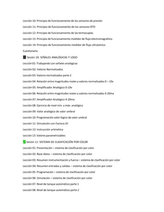 Lección 10: Principio de funcionamiento de los sensores de presión
Lección 11: Principio de funcionamiento de los sensores RTD
Lección 12: Principio de funcionamiento de las termocuplas
Lección 13: Principio de funcionamiento medidor de flujo electromagnético
Lección 14: Principio de funcionamiento medidor de flujo ultrasónico
Cuestionario
✓
⬛ Sesión 10: SEÑALES ANALÓGICAS Y LOGO
Lección 01: Trabajando con señales analógicas
Lección 02: Valores Normalizados
Lección 03: Valores normalizados parte 2
Lección 04: Relación entre magnitudes reales y valores normalizados 0 – 10v
Lección 05: Amplificador Analógico 0-10v
Lección 06: Relación entre magnitudes reales y valores normalizados 4-20ma
Lección 07: Amplificador Analógico 4-20ma
Lección 08: Ejercicio de nivel min. y máx. analógico
Lección 09: Valor analógico de valor umbral
Lección 10: Programación valor lógico de valor umbral
Lección 11: Simulación con Factory IO
Lección 12: Instrucción aritmética
Lección 13: Valores parametrizables
⬛
✓ Sesión 11: SISTEMA DE CLASIFICACIÓN POR COLOR
Lección 01: Presentación – sistema de clasificación por color
Lección 02: Base datos – sistema de clasificación por color
Lección 03: Resumen instrumentación y fuerza – sistema de clasificación por color
Lección 04: Resumen entradas y salidas – sistema de clasificación por color
Lección 05: Programación – sistema de clasificación por color
Lección 06: Simulación – sistema de clasificación por color
Lección 07: Nivel de tanque automático parte 1
Lección 08: Nivel de tanque automático parte 2
 