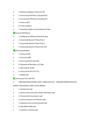 o 2. Modulos analogicos, instruccion PID
o 3. Instrucciones PDI Parte 1 (actualización)
o 4. Instrucciones PDI Parte 2 (actualización)
o 5. Arrays y UDTS
o 6. Trends o gráficas
o 7. Comandos rápidos, recomendaciones finales
⬛
✓ Curso de HMI Básico
o 1. Configuracion Software FactoryTalk View
o 2. Conociendo Nuestro FTView Parte 1
o 3. Conociendo Nuestro FTView Parte 2
o 4. Conociendo Nuestro FTView Parte Final
⬛
✓ Temas Actualizados
o 1. Instrucción BSL
o 2. Instrucción BSR
o 3. Direccionamiento Tipo Alias
o 4. Búsqueda de Manuales y sus Tipos
o 5. EDS y Add On Profile
o 6. Instrucciones FIFO, FFL, FFU
o 7. Módulo HSC
⬛
✓ Comunicacion PLC HMI VFD
o COMUNICACION CONTROL LOGIX - PANELVIEW PLUS - VARIADOR POWERFLEX525 (1)
=
"
”
–
†
y REDES INDUSTRIALES PARA ALLEN BRADLEY
• 1. Introducción.mp4
• 2. ¿Qué es la Comunicación y Redes Industriales.mp4
• 3. Protocolo de Comunicación.mp4
• 4. ¿Cómo funcionan los Protocolos.mp4
• 5. Arquitectura de una Red Industrial.mp4
• 6. LAN, MAN y WAN.mp4
• 7. Servidores y Clientes.mp4
 