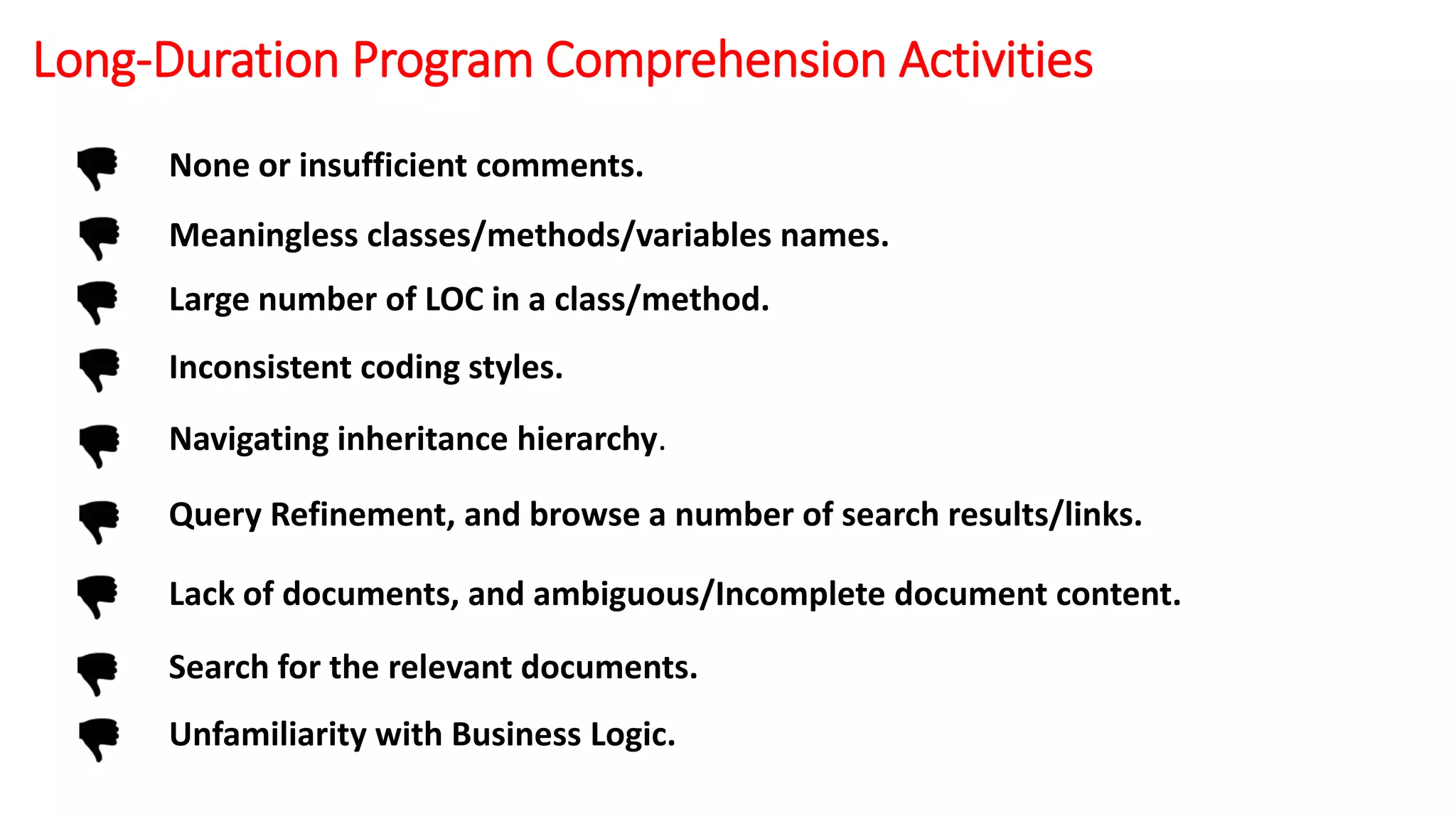 Long-Duration Program Comprehension Activities
None or insufficient comments.
Meaningless classes/methods/variables names.
Large number of LOC in a class/method.
Inconsistent coding styles.
Navigating inheritance hierarchy.
Query Refinement, and browse a number of search results/links.
Lack of documents, and ambiguous/Incomplete document content.
Search for the relevant documents.
Unfamiliarity with Business Logic.
 