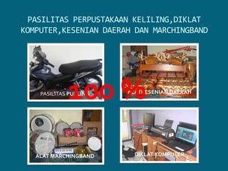 PASILITAS PERPUSTAKAAN KELILING,DIKLAT KOMPUTER,KESENIAN DAERAH DAN MARCHINGBAND100 %ALATKESENIAN DAERAHPASILITAS PUSLINGDIKLAT KOMPUTERALATMARCHINGBAND