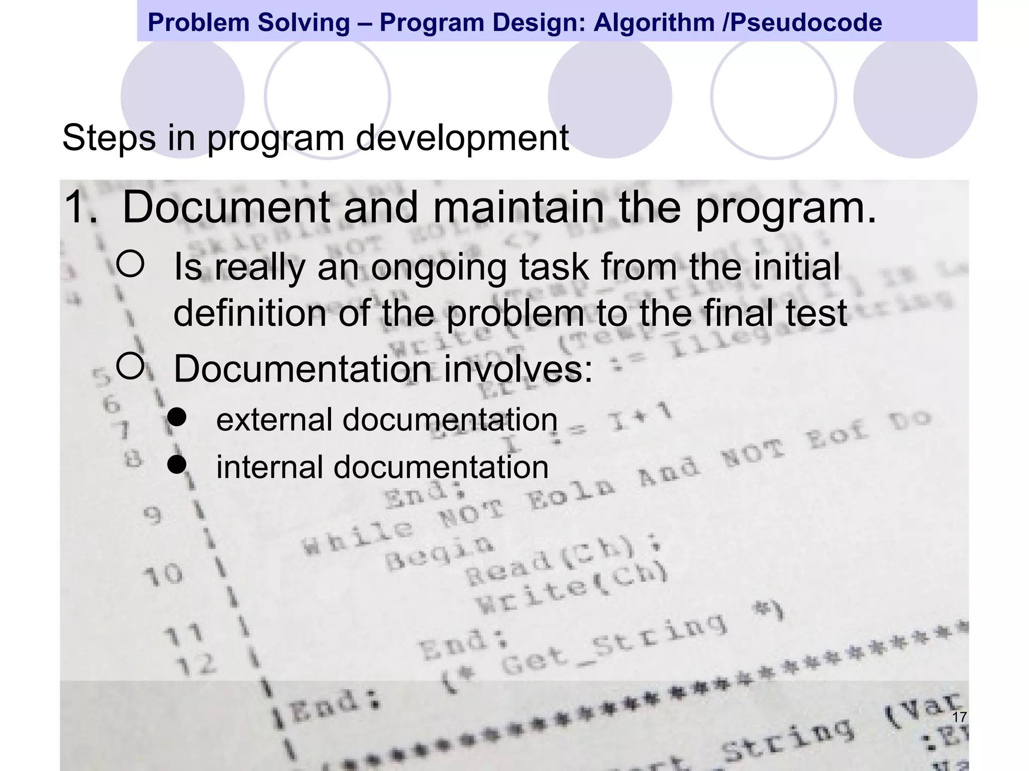 Program design and problem solving techniques | PPT