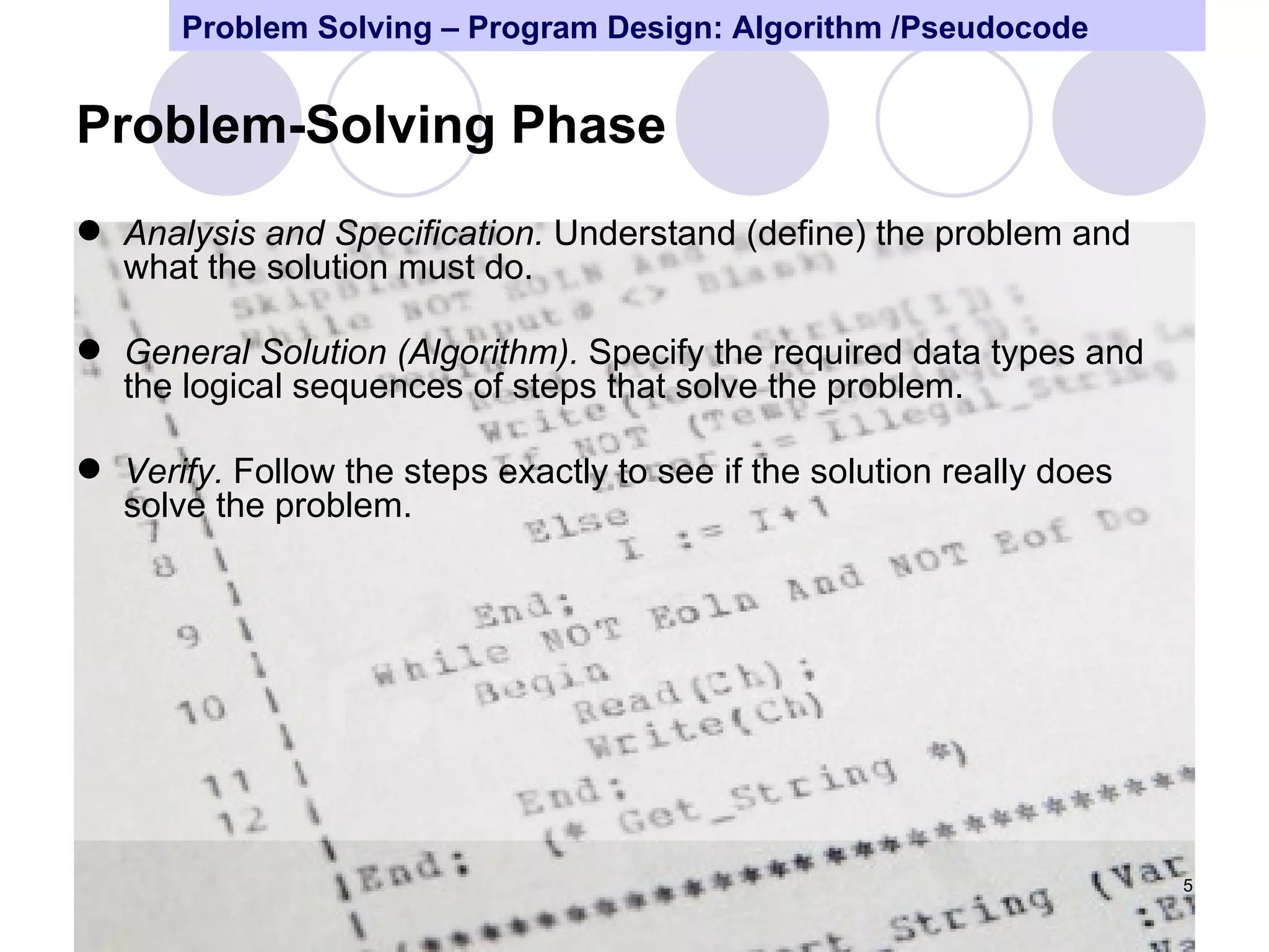 Program design and problem solving techniques | PPT