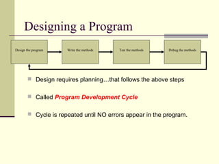 Designing a Program
 Design requires planning…that follows the above steps
 Called Program Development Cycle
 Cycle is repeated until NO errors appear in the program.
Design the program Write the methods Test the methods Debug the methods
 