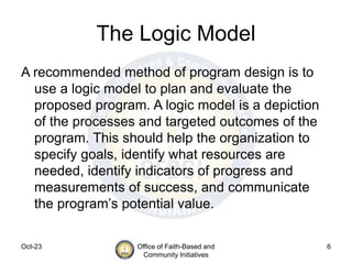 Oct-23 Office of Faith-Based and
Community Initiatives
6
The Logic Model
A recommended method of program design is to
use a logic model to plan and evaluate the
proposed program. A logic model is a depiction
of the processes and targeted outcomes of the
program. This should help the organization to
specify goals, identify what resources are
needed, identify indicators of progress and
measurements of success, and communicate
the program’s potential value.
 