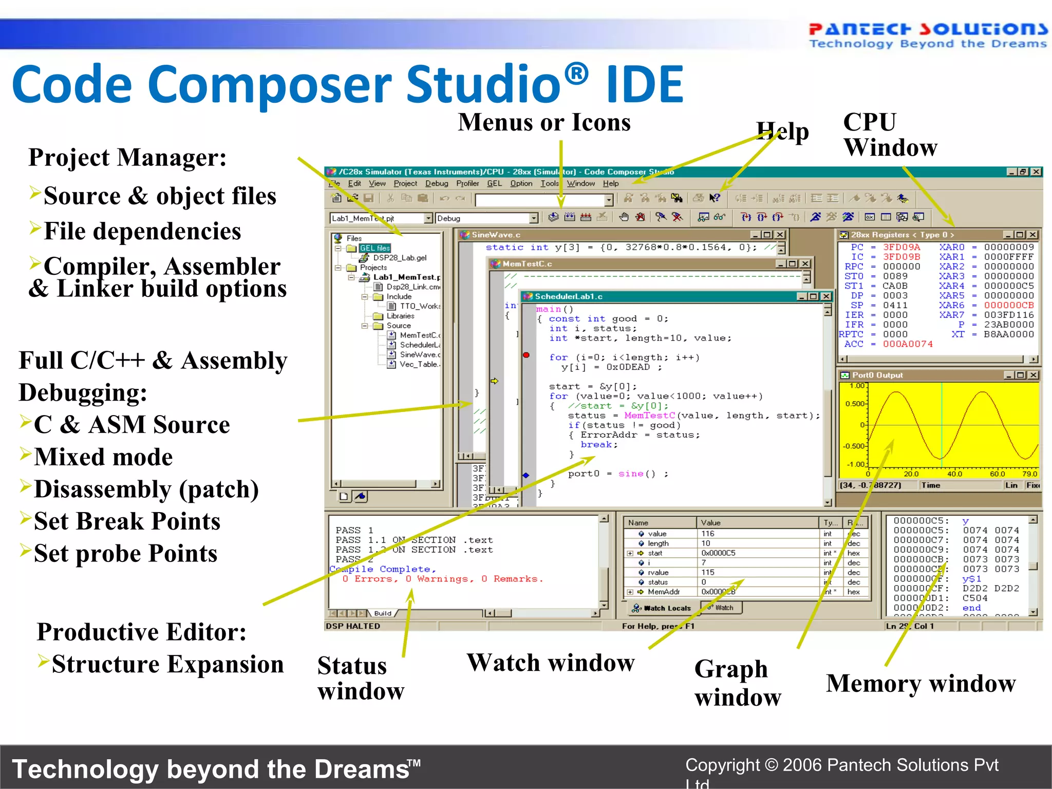 Code Composer Studio® IDE
                Menus or Icons                                       CPU
                                                          Help
 Project Manager:                                                    Window
 Source & object files
 File dependencies
 Compiler, Assembler
 & Linker build options

Full C/C++ & Assembly
Debugging:
C & ASM Source
Mixed mode
Disassembly (patch)
Set Break Points
Set probe Points



 Productive Editor:
 Structure Expansion     Status   Watch window    Graph
                          window                                   Memory window
                                                   window

Technology beyond the Dreams™                     Copyright © 2006 Pantech Solutions Pvt
 