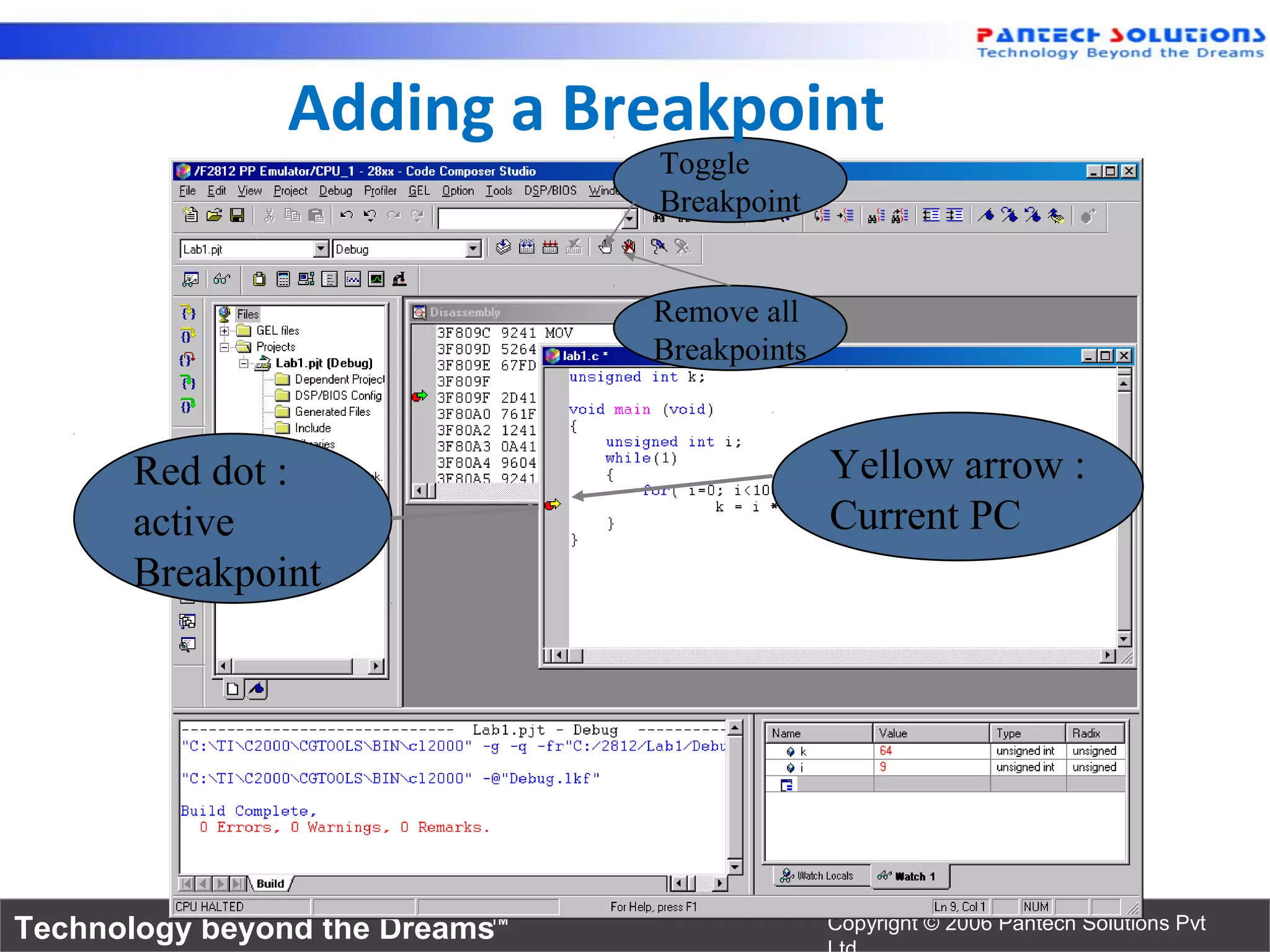 Adding a Breakpoint
                                Toggle
                                Breakpoint


                                Remove all
                                Breakpoints


      Red dot :                               Yellow arrow :
      active                                  Current PC
      Breakpoint




Technology beyond the Dreams™                 Copyright © 2006 Pantech Solutions Pvt
 