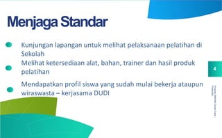ProgramSMA/MADoubleTrack|
Presentasi
4
MenjagaStandar
Kunjungan lapangan untuk melihat pelaksanaan pelatihan di
Sekolah
Melihat ketersediaan alat, bahan, trainer dan hasil produk
pelatihan
Mendapatkan profil siswa yang sudah mulai bekerja ataupun
wiraswasta – kerjasama DUDI
 