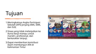 Tujuan
1.Meningkatnya Angka Partisipasi
Sekolah (APS) jenjang SMA, SMK,
dan SLB;
2.Siswa yang tidak melanjutkan ke
dunia kerja mampu untuk
mandiri, profesional, dan
berkarakter terpuji;
3.Dapat memberikan kontribusi
daam membangun IKN di
Kalimantan Timur
 